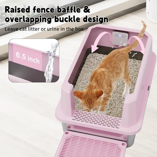 RIZZARI High-Sided Large Cat Litter Box: 2-Pack for Multi-Cat Use | 304 Steel Odor-Resistant Tray / 6.5" High Splash Guard / Dual Anti-Tracking / Built-In Deodorizer / Spacious for Large Breeds - color: Pink with Deodorizer, 2 Pack