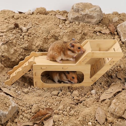 Hamster Hideout,Hamster Platform, Bamboo Hamster Hideout with Double Ramps and Climbing Ladders, Wooden Hamster House, Small Animal Cage Accessories for Dwarf Hamsters, Syrian Hamsters, Gerbils, Mice