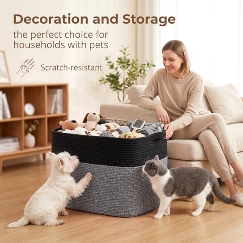 OIASKET 108L Cotton Rope Storage Basket for Living Room and Bedroom 25"x16"x16" Woven Laundry Basket, Heavy Duty Bin for Blankets, Pillows & Toys, Pet-Safe & Scratch-Free, Black - color: Black