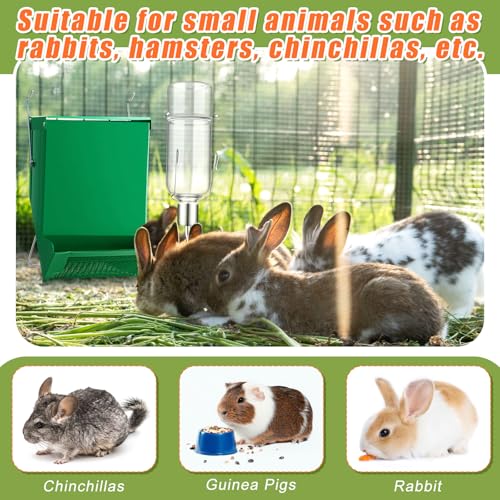 2 Pack Rabbit Feeder and 12 oz Water Bottle for Cages Pet Food Water Dispenser with Lid Metal Feeders Outside for Guinea Pig Hamsters Chinchillas Gerbils and Other Small Animals(2 Lbs)