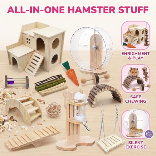26 Pcs Hamster Cage Accessories, Silent Wheel & Wood House Set | Includes Maze House, Water Bottle, 13 Chew Toys, Seesaw Bridge; Natural Wood, for Guinea Pigs Chinchillas Gerbils Mice Rats