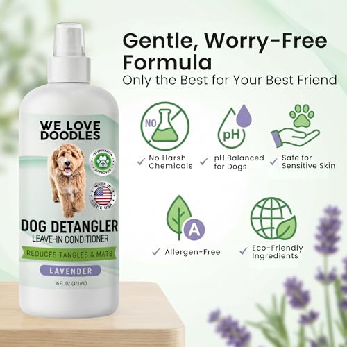 Large Slicker Brush & Lavender Detangler Spray Pack, Dog Grooming at Home | Best Brush For Long Haired Dogs, Dematting Comb & Detangling Spray For Goldendoodle Coats, Puppy Matting Grooming Supplies - size: Large Slicker & Detangler