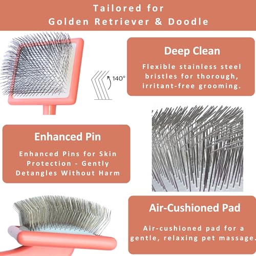 2-in-1 Dog Slicker Brush & Comb for Golden Retriever & Doodle - Easy Detangling & Deshedding, Tailored for Matted Coats of Long Curly Haired Doodle Mixes - Effortless Tangle-Free Grooming