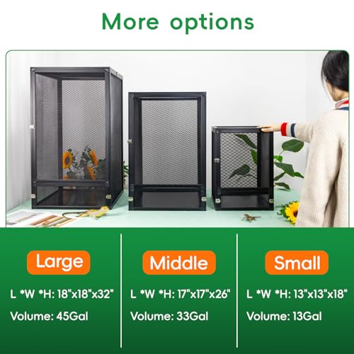 45 Gal Foldable Reptile Terrarium for Gecko & Dragon | 360° clear view with detachable & foldable design for portability. High airflow mesh. Fits crested geckos, chameleons - size: 32x18x18 Inch