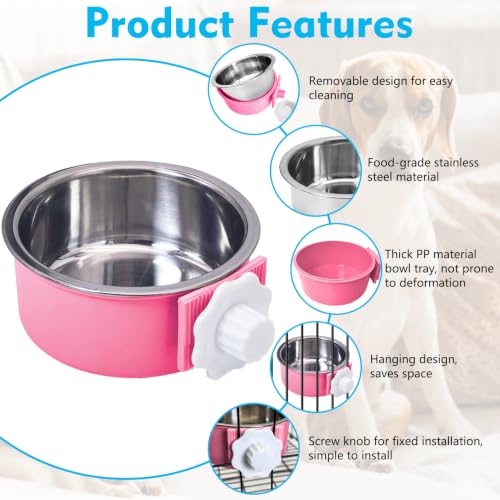 kathson Crate Dog Bowl, Removable Stainless Steel Hanging Pet Cage Bowl Food & Water Feeder Coop Cup for Cat, Puppy, Birds, Rats, Guinea Pigs (2 PCS, Size: M, Green and Pink) - color: Size: M (Green, Pink), size: 2 PCS