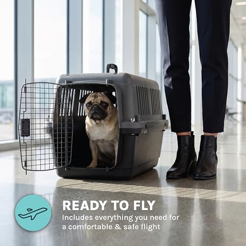 SportPet Airline Compliant Small 24" Travel Dog Kennel - Durable Plastic Airline Pet Carrier (No Wheels) & Food Bowls, Collapsible Indoor/Outdoor Dog Kennel, Dogs up to 21" L & 13" H - Dark Gray - color: Dark Gray