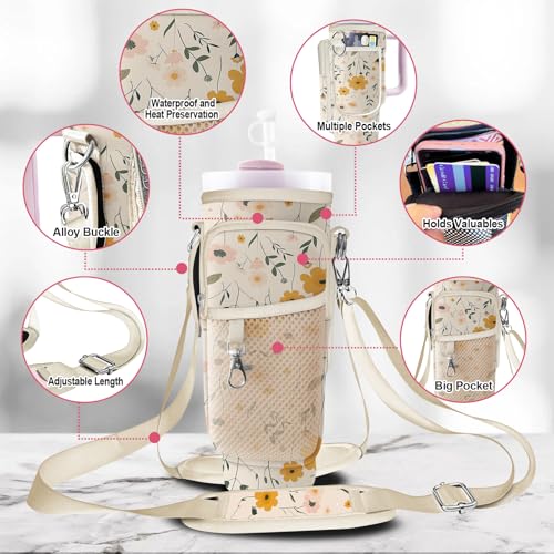 Stanley Carrier Bag for Stanley 40oz/30ozTumbler with Phone with 2 Adjustable Strap,3 Pockets Bottle Stanley Cup Carrier Bag & Case,Accessories for Hiking Travelling - color: Floral Flower