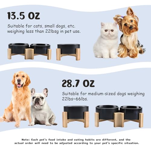 SPUNKYJUNKY 15° Slanted Ceramic Dog and Cat Bowl with Wooden Stand, Tilted Bulldog Food and Water Bowl No Slip Non-Spill for Cats Medium Dogs Big Face Pets 13.5 OZ (1.7 Cups, Black × 2) - color: Black, size: 1.7 CUPS × 2