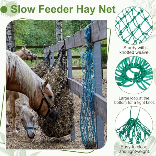 Slow Feeder Hay Net, 40" Length 2" Holes Strong Load-Bearing, Nylon Slow Feed Bag Hay Feeder, (Cyan, 2 Pcs), Intended for Horses/Goats/Trailer/Stall - color: Cyan