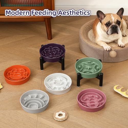 Elevated Slow Feeder Dog Bowl, 0.8 Cups Ceramic Raised Slow Feeder with Stainless Stand, 6.3 Inch Wide Lifted Dog Bowl for Small Breeds to Control Eating Speed, Grey - color: Grey, size: Small with Stand