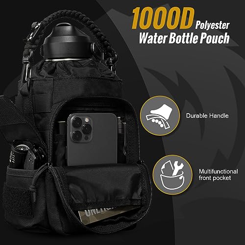 ONETIGRIS 64oz Tactical Insulated Water Bottle with 3 Lids & MOLLE Pouch | 48H Cold & 24H Hot Double Wall, 304 Stainless Steel Wide Mouth, BPA Free Leakproof Silicone Seal, Paracord Handle Easy Carry - color: Black