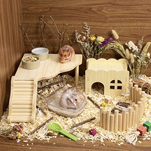 5 Pcs Hamster Platform Wooden Fence Bridge Ladder Climbing Toy Hidden House Exploring Toy with Hamster Bath Container Decor Cage Accessories for Small Animals Dwarf Syrian Gerbils Squirrel(Classic) - style: Classic