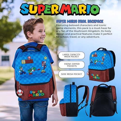 AI ACCESSORY INNOVATIONS Super Mario Brothers Backpack for Boys & Girls, 16 Inch Gaming Bookbag with Molded Toad Dangle, Blue, Featuring Mario, Luigi, Yoshi & Toad - color: Super Mario Bros