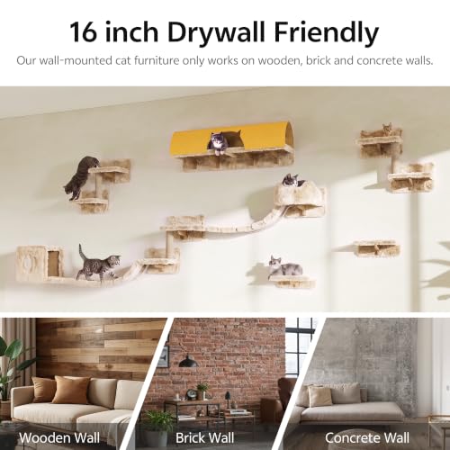 16-in-1 Cat Wall Shelves, Cat Furniture w/Tunnel & Bridge, Beige | Wall Mounted Cats Shelf Set with Plush Fabric, Cat Climbing Wall Systems for 16 Inch Drywall, with Scratching Posts, Condos - color: Beige, size: 16-in-1