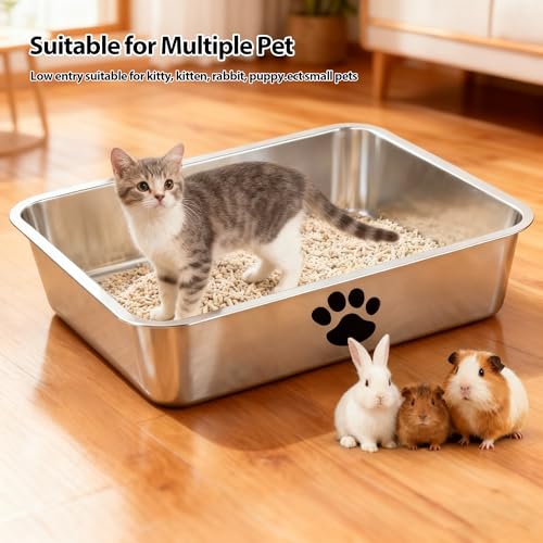 Stainless Steel Litter Box, Metal Cat Litter Pans-4“ Height Low Entry Indoor Pet Toilet Supplies for Kitty, Kitten, Rabbit, Puppy,No Stick Easy Clean-No Smell - size: 17.7" x 13.8"x 4"
