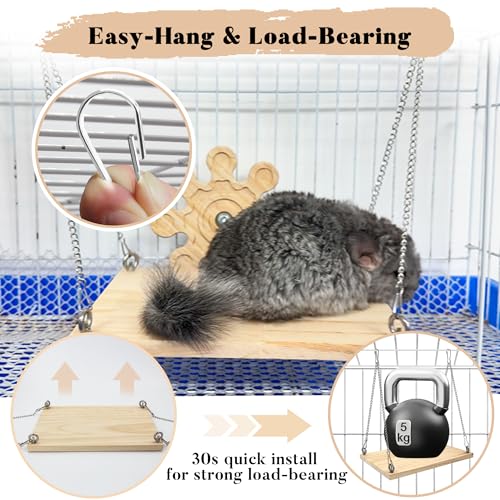 Wooden Chinchilla Hammock & Swing Set - Soft Mat Bed with Kiln-Dried Pine Ledges for Chinchillas - Habitat Enrichment & Exercise