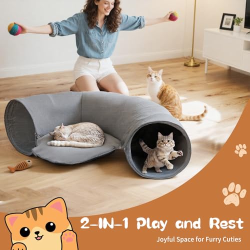 Pawaboo 2-in-1 Cat Tunnel Bed, 8-Shaped Cat Tunnels, Grey | Foldable Cats Cave Hideout Kitty Toys with Fluffy Balls, Donut Tunnel for Kitten Rabbit Ferret - color: Gray, size: 68.9 x 31.5 x 11.8in