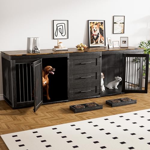 Rophefx 94.5" Dog Crate Furniture for 2 Dogs, Wooden Kennel TV Stand,Black | Indoor double dog house with 3 storage drawers, 4 feeding bowls, lockable doors, and a wide top for large and medium dogs - color: Black