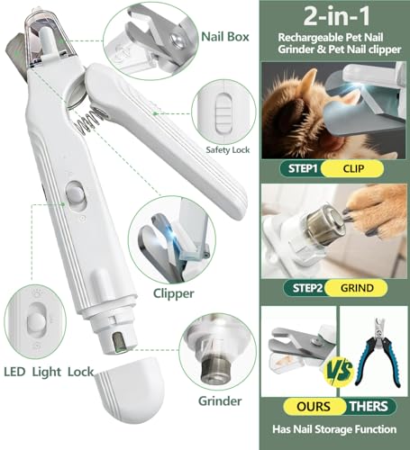 2-in-1 Dog Nail Grinder & Clippers with Dual LED Lights, Electric Pet Nail Trimmer with Safety Guard, USB-C Rechargeable Grooming Tool for Cats and Dogs White - color: White