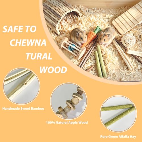 18 Pcs Hamster Cage Accessories, Natural Wooden Hamster Toys,Hamster Chew Toys Set ,Natural Wooden Hamster Wheel Maze Wood House Hideout Seesaw and Water Bottle Set for Rat Mice Small Animals Habitat