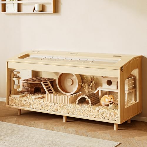 Wooden Hamster Cage, 39.4" Large Small Animal Cage with 19.7" Tall Habitat, Openable Top, Chew-Resistant Acrylic Panels, Wood Enclosure for Gerbil & Guinea Pig (39.4 * 15.75 * 19.7 inch) - size: 39.4"L x 15.8"W x 19.7"H