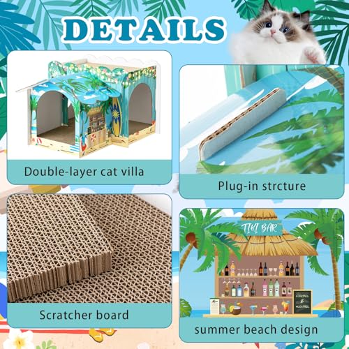 Lineshading 2 Story Cardboard Cat House with Scratcher Pad, Multi Level Durable Cat Scratcher House for Small Kitten Bunny Rabbit Animals Christmas Birthday Gift(17x12x10,Hawaii) - style: Hawaii