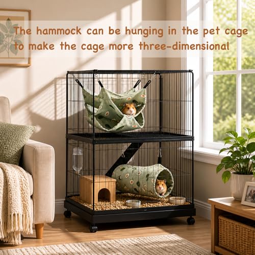 Guinea Pig Hammock and Tunnel Set, 2-in-1 Cage Bed and Hideout | 3-tier bed, padded tunnel, removable metal hooks; washable linen set for ferrets, rats, chinchillas and small pets - color: Avocado