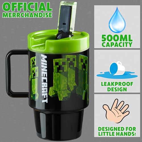 Get Trend Minecraft Kids Water Bottle with Straw 16.9 oz BPA Free Plastic Leakproof Cup with Lid Handle Reusable Drinking Tumbler Gifts for Kids (Green Minecraft) - color: Green Minecraft