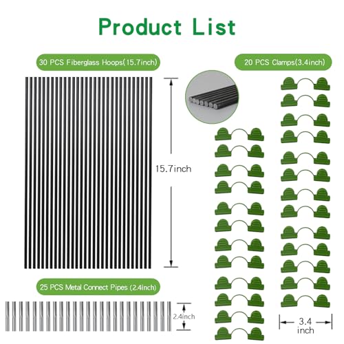 Garden Hoops Grow Tunnel, 6 Sets of 7FT Greenhouse Row Cover Hoops, 30pcs | Rust-Proof Fiberglass Frame for Raised Beds, Garden Netting, Small Greenhouse Kit, DIY Plant Support Garden Stakes