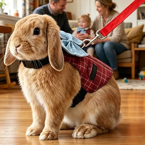 Rabbit Harness and Leash Set Escape Proof Plaid Bunny Vest with Bow Tie Breathable Mesh Harness Dual D Rings Adjustable Leash for Rabbit Guinea Pig Ferret Walking Training (Red, M) - color: Red, size: M