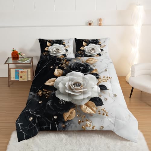 HOSIMA Floral King Bedding Set for Women,Black White Marble Grain Ink Fluid Art Comforter Floral Bedding for Girls Room Decor,Golden Leaves Pattern Lightweight Comforter with 2 Pillowcases. - color: Black, size: King