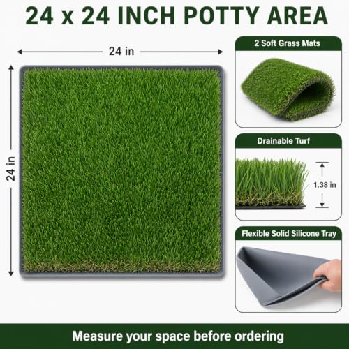 THREE ORANGES Dog Grass Pee Pads, 2 Pack 24 x 24 Inch Artificial Grass Replacement Mats for Dog Potty Trays, Soft 1.38 Inch Washable Turf with Drainage Holes, Indoor Outdoor - size: 24in*24in（with tray）