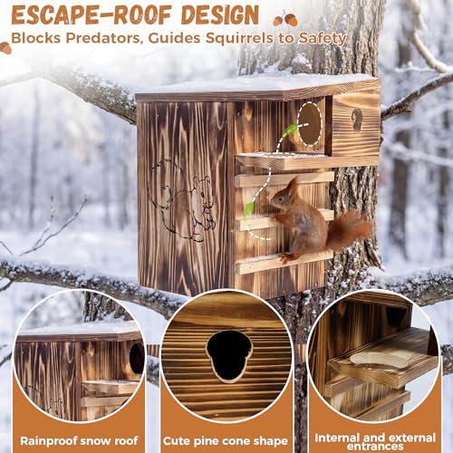 tonchean 16.5" Wooden Squirrel House Nesting Box with Predator Guard Porch | Outdoor Shelter Fits Gray Squirrels,Chipmunks For Backyard Wildlife,Quick Mounting On Trees, Posts, Fences, Or Exterior Walls
