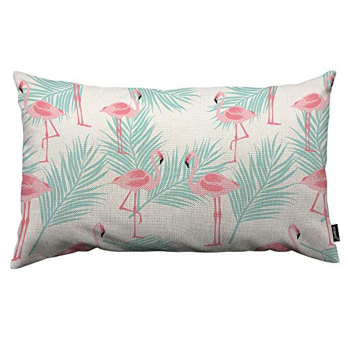 HOSNYE Pink Flamingo Throw Pillow Cover Standing On Tropical Leaves and White Background Linen Fabric for Couch Bed Sofa Car Waist Cushion Cover 12 x 20 inch Pillow Case - color: Throwpillowcoversa117, size: 20" x 12" (Pack of 1)