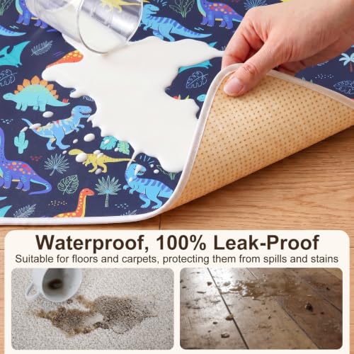 Basumee Splat Mat for Under High Chair, Waterproof & Mess-Proof Floor Mat | 46"×42" Baby Splash Mat, Non Slip Bottom, 4-Layer Fabric, Food & Liquid Catcher, Machine Wash for Boy Girl, Meals, BLW, Craft - color: Navy Dinosaur, size: 46x42 Inches