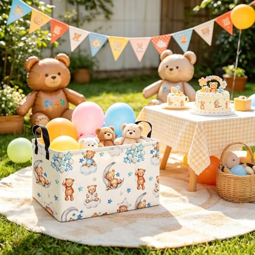 Rectangular Bear Storage Bin, Fabric Closet Organizer Basket | Einforced side grips, foldable holder arranges clothing and bedroom personal belongings - color: REC Cute Bear