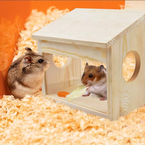 Sand Bath Box for Hamster,Visible Small Animal Digging Box Wooden Chinchilla House Hideout Dust Bath Hamster Bathroom Accessories with Acrylic Plate Chew Toys for Dwarf Syrian Gerbils Mice