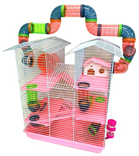 Pink Large Twin Tower Habitat Hamster Home Rodent Gerbil Mouse Mice Rat Wire Animal Cage Long Crossover Tube Expandable and Customizable with Hide House Running Wheel Food Bowl Water Bottle Deep Base - color: Pink, size: 31.0"L x 14.5"W x 33.0"H