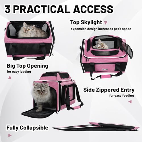 Top-Expandable Cat Carrier 18x11x11, United Delta American Airline Approved | Soft-Sided Small Dog Pet Carry Bag Travel Under-Seat in Cabin, Puppy Airplane Crate 10lbs TSA Plane Kitten Cage Kennel Pink - color: Pink