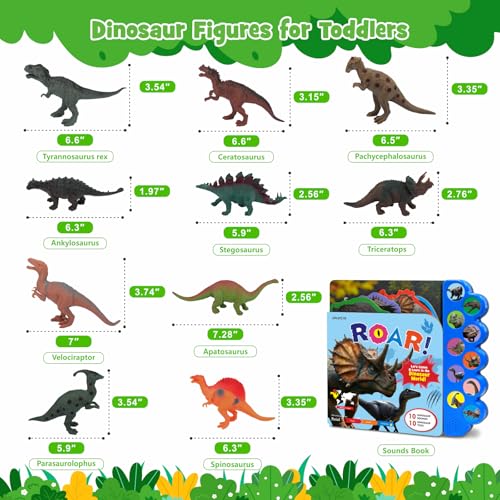 iGRATENS Dinosaur Toys with Sound Books, 10PCS Dino Toy for Toddlers & Animal Sounds Book with 10 Buttons, Realistic Plastic Animal Figures, Dinosaur Toys for Kids 3-5, Dinosaurs Lover Gifts for Kids - style: Dinosaur