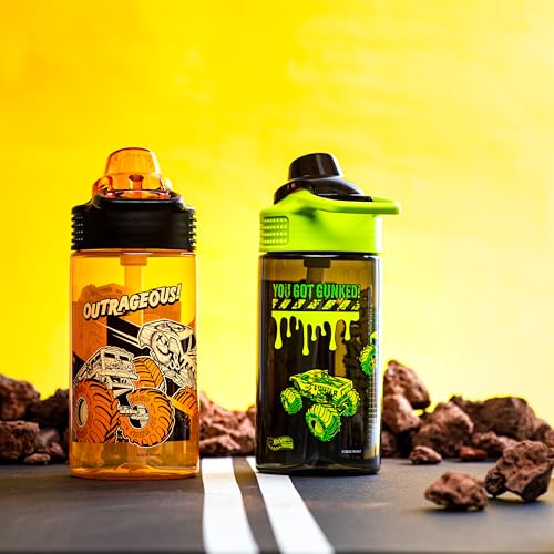 Zak Designs Hot Wheels Sage 16oz Leak-Proof Straw Kids Water Bottle, 2-Pack | BPA Free Durable Plastic, Cupholder Friendly, Dishwasher Safe, Easy to Clean, Lid Lock, Handle, For School, Home, Travel - color: Hot Wheels (Monster Trucks)