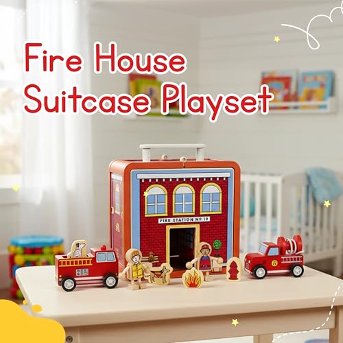Jack Rabbit Creations Fire House Suitcase Playset - 15 Pieces - Ages 3+ | FSC Certified Wood, 8 in x 4.5 in x 5.5 in, 36 Months+, Red, Truck, Dog, Hydrant, Extinguisher, Ladder