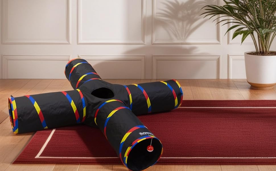 Cat Tunnels - 4 Way Cat Tunnel for Indoor Cats Play & Exploration (with Mouse Toy) - Collapsible Pop Up Tubes for Ferrets, Rabbits, and Small Dogs Fun
