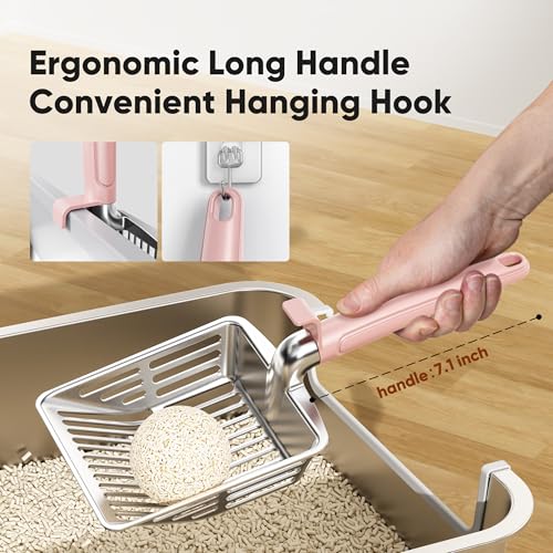 Metal Cat Litter Scoop, Large Cat Scooper with Deep Shovel & Dual Sifting Holes for Fast & Precise Sifting, Space Aluminum Kitty Litter Scooper with Long Handle & Easy-to-Hang Hook - Pink - color: Pink