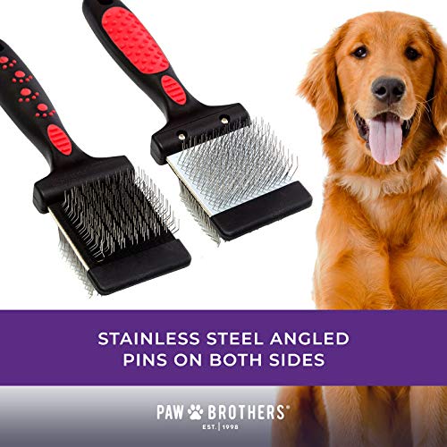 Ryan's Pet Supplies Paw Brothers Double Sided Soft Flex Slicker Brush, Professional Grade, Angled Stainless Steel Pins, Comfort Grip, Flexible Head, Small, 2 in. x 2.5 in. - size: Small