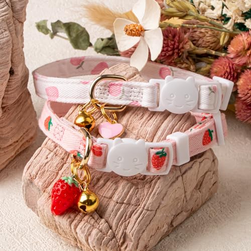 2 Pack Cotton Cat Collar Pink Strawberrie White Heart Cute Kitten Collar | Breakaway Breathable Soft material With cute pendants with Bell - color: Pink&White