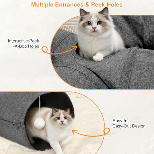 Ownpets 12" Large Cat Tunnel 3-Way U-Shape Oxford Fabric for Large Cat | Silent oxford fabric no noise, expandable 3-channel design, with plush ball ,feather wand, peek hole, for multi-cat household - size: 12 Inches in Diameter