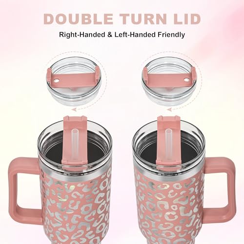 40 oz Tumbler with Handle and Straw, 100% Leak-Proof Travel Mug, Stainless Steel Double Wall Vacuum Insulated Coffee Cup Keeps Cold For 34 Hours, Dishwasher Safe, Canyon Clay Leopard - color: Canyon Clay Leopard