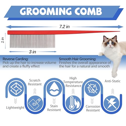 Grooming Pet Comb Rat Tail Dematting Cat and Dog Comb，Rounded Ends Design for Safe Tangle Removal, Hairstyling, Massage，Loose Hair Removal，Prevent Irritation，Fluffing Paws,Face,Tail,Remove Tear Stain - color: Red