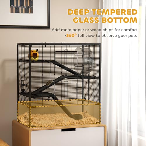 PawHut Large Hamster Cage with 9" Deep Tempered Glass Bottom, 4 Tiers Hamster Tank with Running Wheel, Hut, Water Bottle, Dish, Rat Cage for Syrian, Dwarf, Gerbils, Mouse, 31" x 19" x 31.5", Black | 4 Tiers Hamster Tank, Running Wheel, Hut, Water Bottle,
